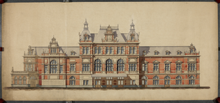 849075 Opstand van een ontwerp voor de voorgevel van het H.S.M.-station Den Haag H.S. te Den Haag.